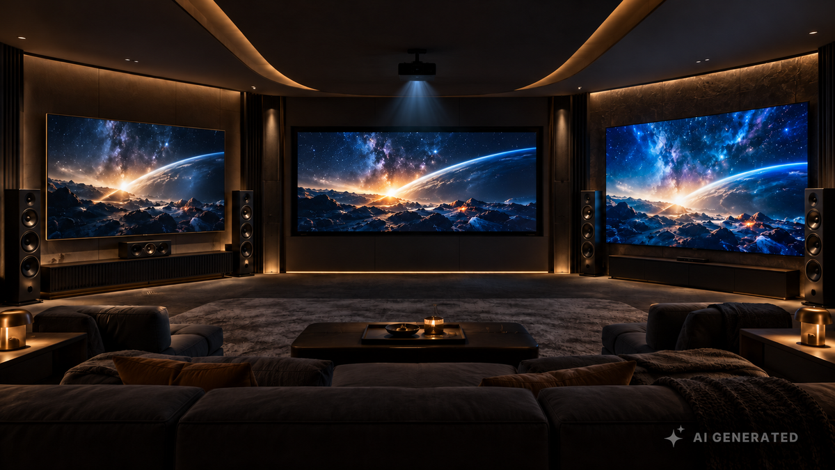 Großbild-TV, Projektor mit Leinwand und LED-Wall im Vergleich in einem modernen Heimkino