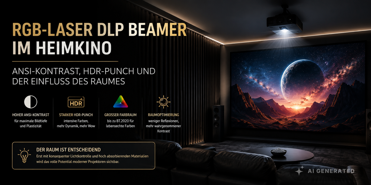 RGB-Laser-DLP-Projektor in einem optimierten Heimkino mit Darstellung von ANSI-Kontrast, HDR und Raumoptimierung