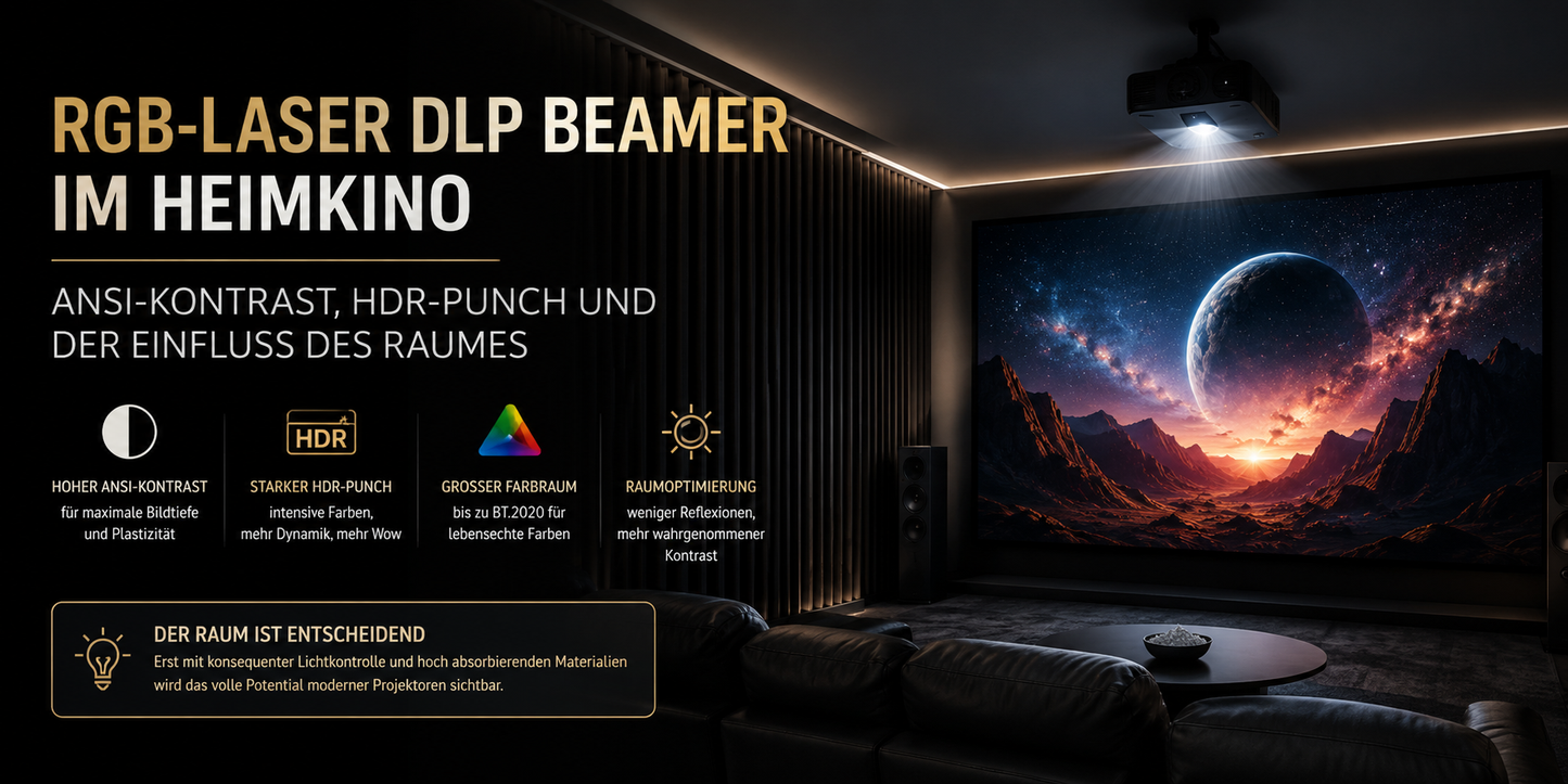 RGB-Laser DLP Beamer im Heimkino – ANSI-Kontrast, HDR und Raumoptimierung