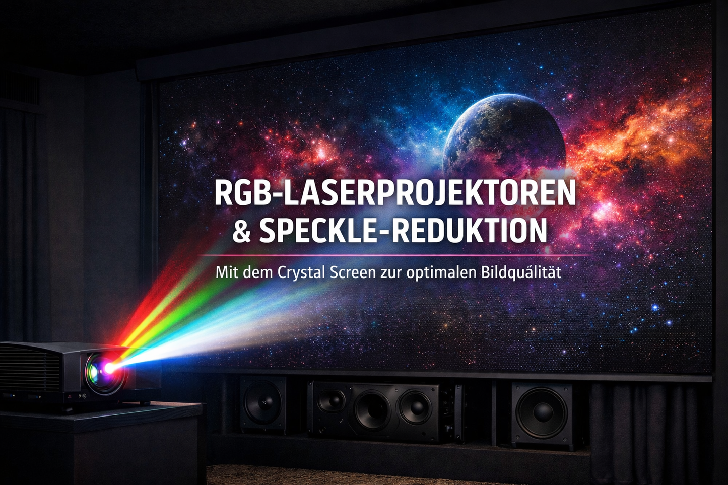 RGB-Laserprojektor im Heimkino mit akustisch transparenter Leinwand zur Reduktion von Speckle