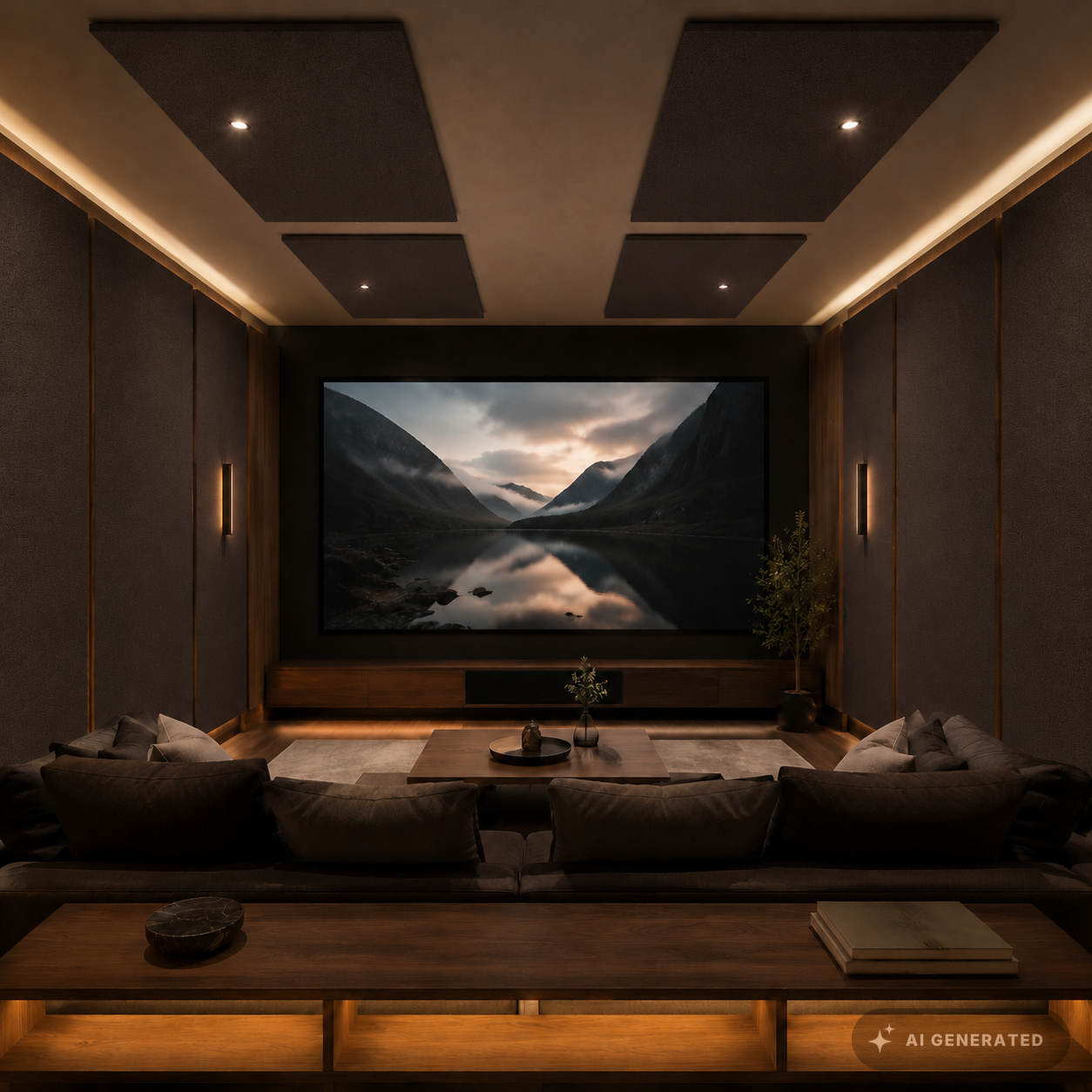 
                  
                    Heimkino mit braunen akustisch transparent bespannten Wandpaneelen und Deckenabsorben
                  
                