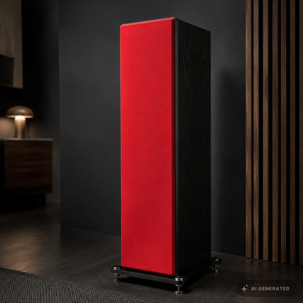 
                  
                    Standlautsprecher mit roter Adamantium Audio Invisible Frontbespannung
                  
                