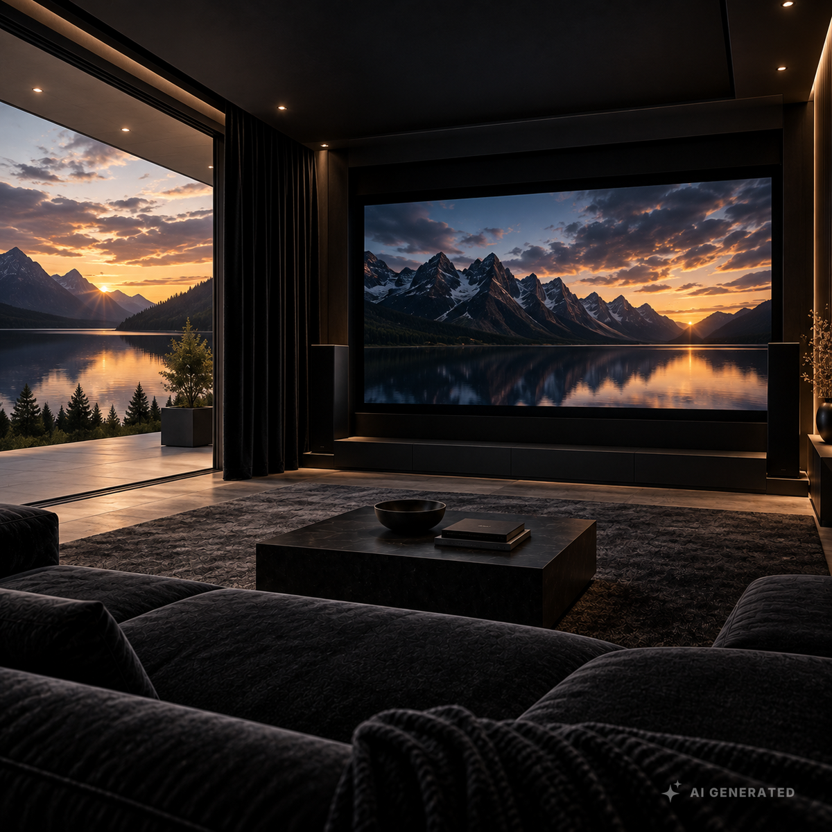 
                  
                    Heimkino mit geöffnetem schwarzen Vorhang und freiem Blick auf einen Bergsee
                  
                