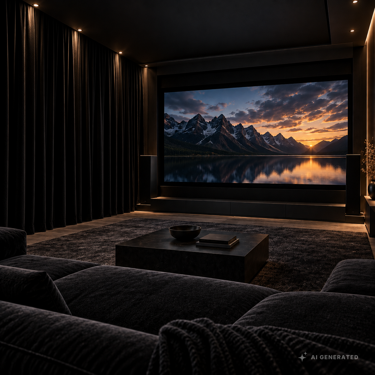 
                  
                    Dunkles Heimkino mit geschlossenem schwarzen Vorhang aus Dark Reference Premium
                  
                