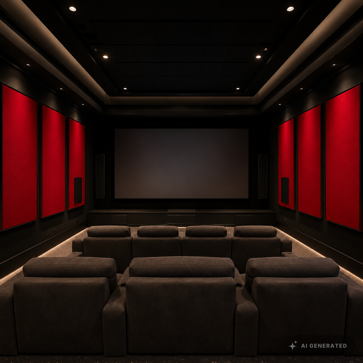 
                  
                    Heimkino mit roten akustisch transparent bespannten Wandpaneelen
                  
                