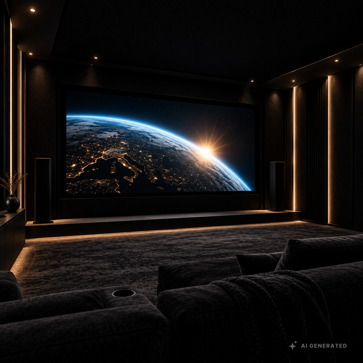 
                  
                    Luxuriöses schwarzes Heimkino mit lichtabsorbierender Wand- und Deckengestaltung
                  
                