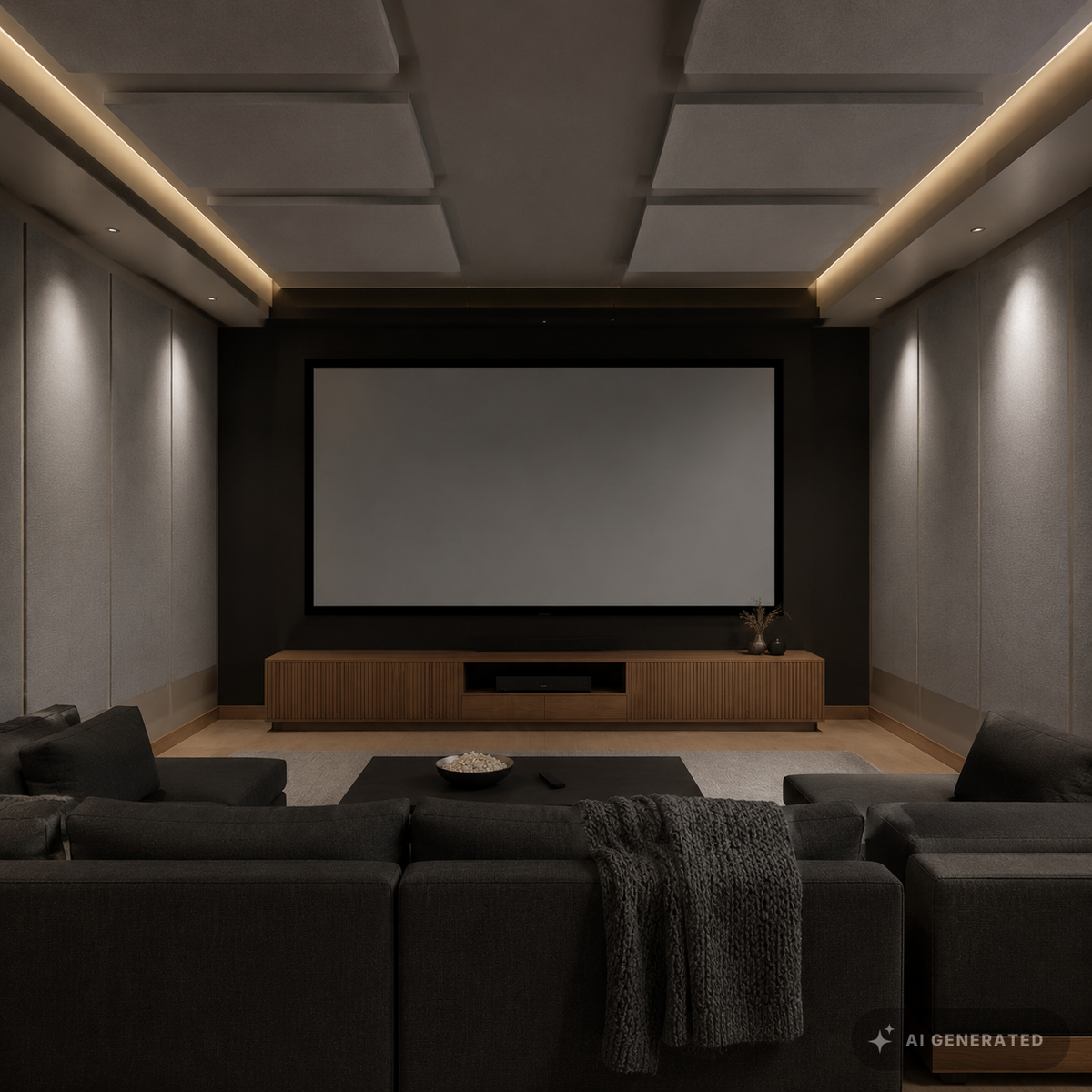 
                  
                    Heimkino mit grau bespannten Akustikpaneelen an Wänden und Decke
                  
                