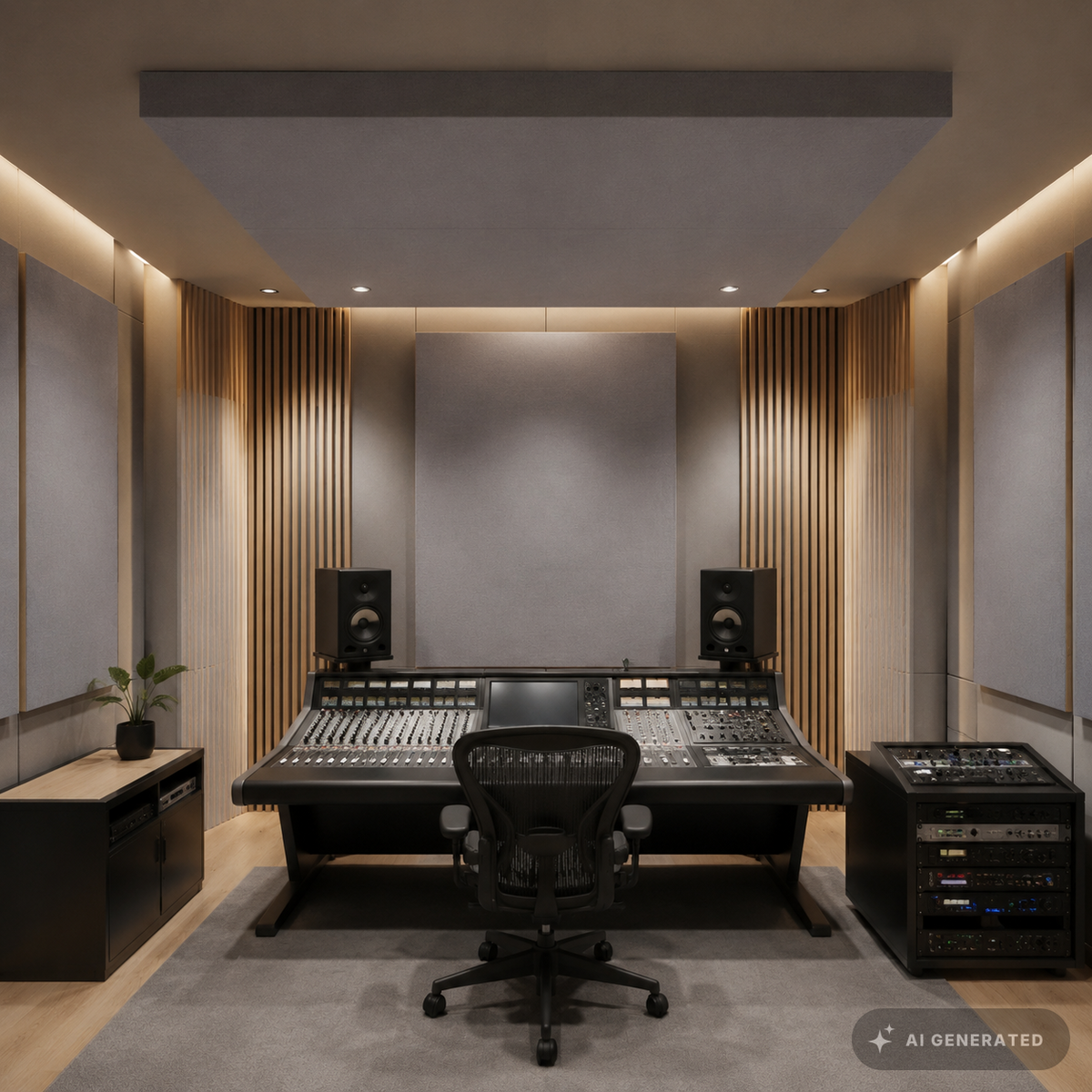 
                  
                    Tonstudio mit grauen stoffbespannten Absorbern und Deckensegel
                  
                