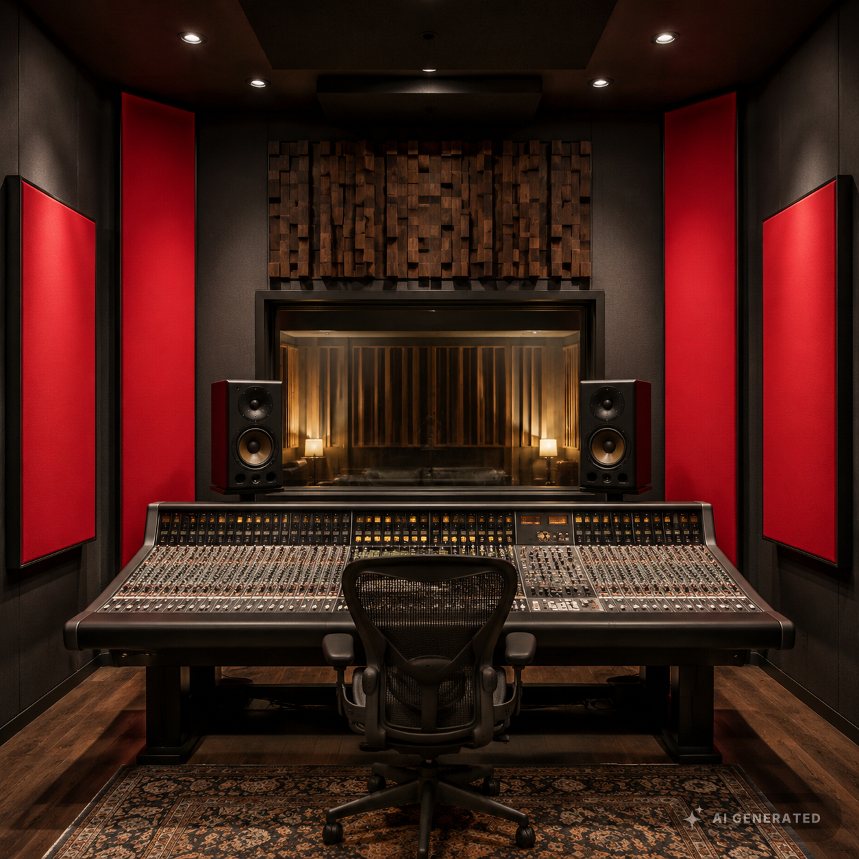 
                  
                    Tonstudio mit roten stoffbespannten Absorbern und Bassfallen
                  
                