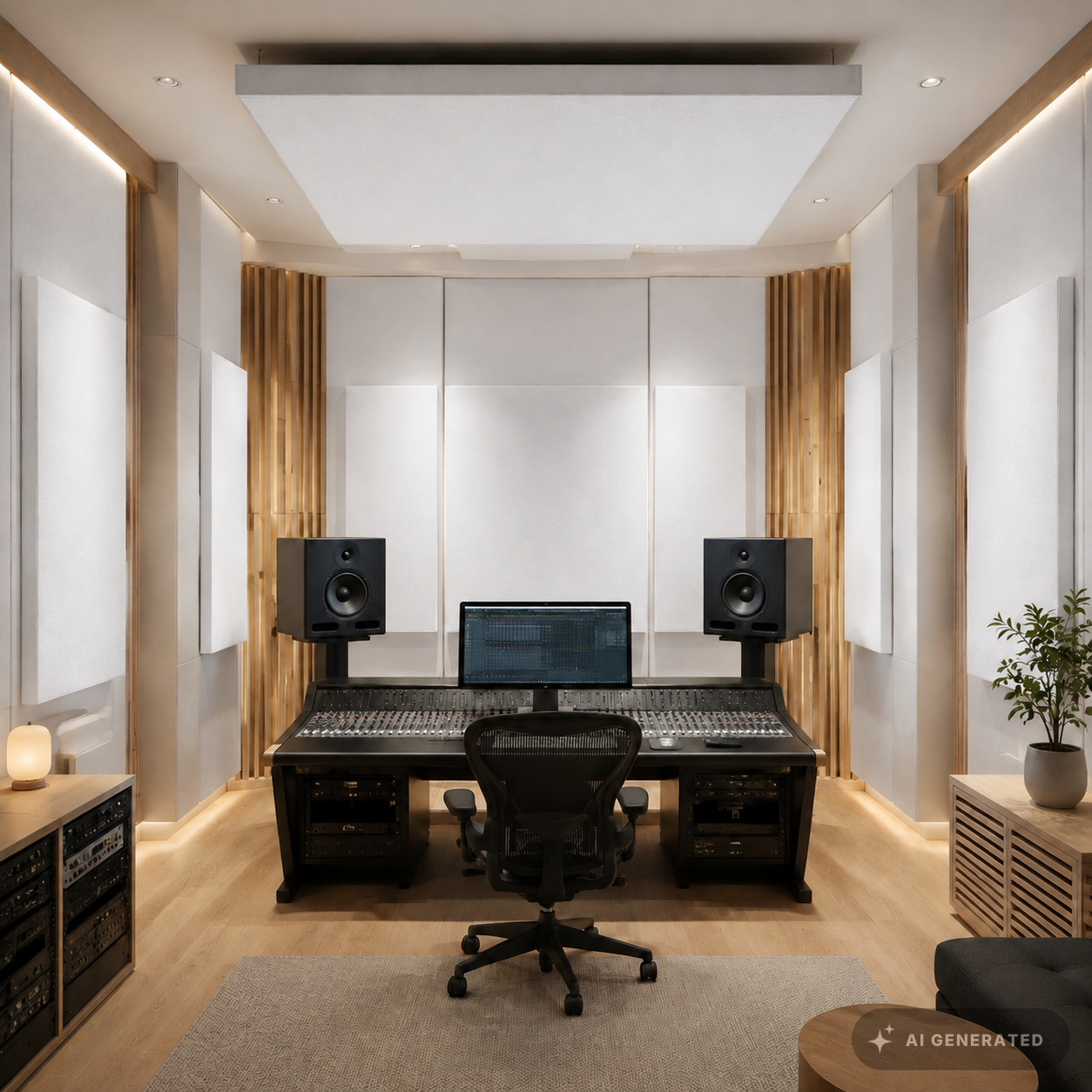 
                  
                    Tonstudio mit weißen stoffbespannten Absorbern und Deckensegel
                  
                