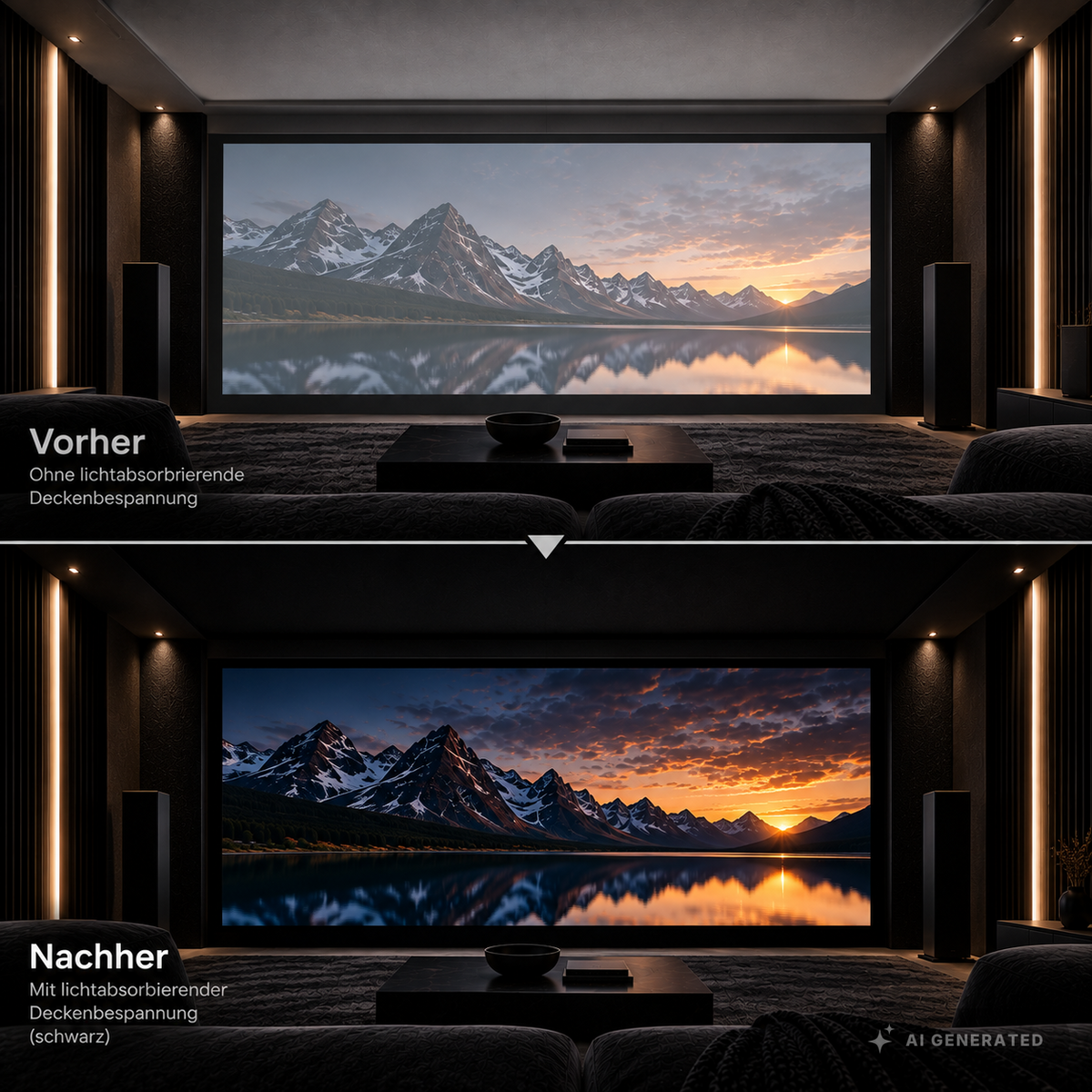 
                  
                    Heimkino vor und nach der Montage einer schwarzen lichtabsorbierenden Deckenbespannung
                  
                