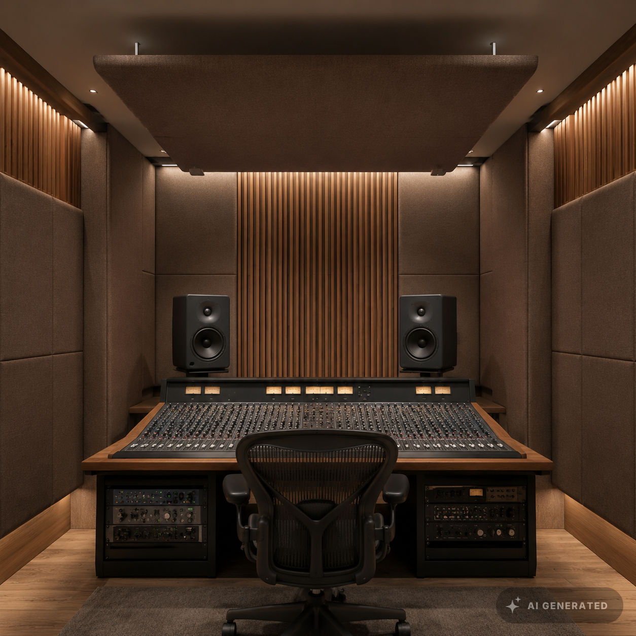 
                  
                    Tonstudio mit braunen stoffbespannten Absorbern und Deckensegel
                  
                